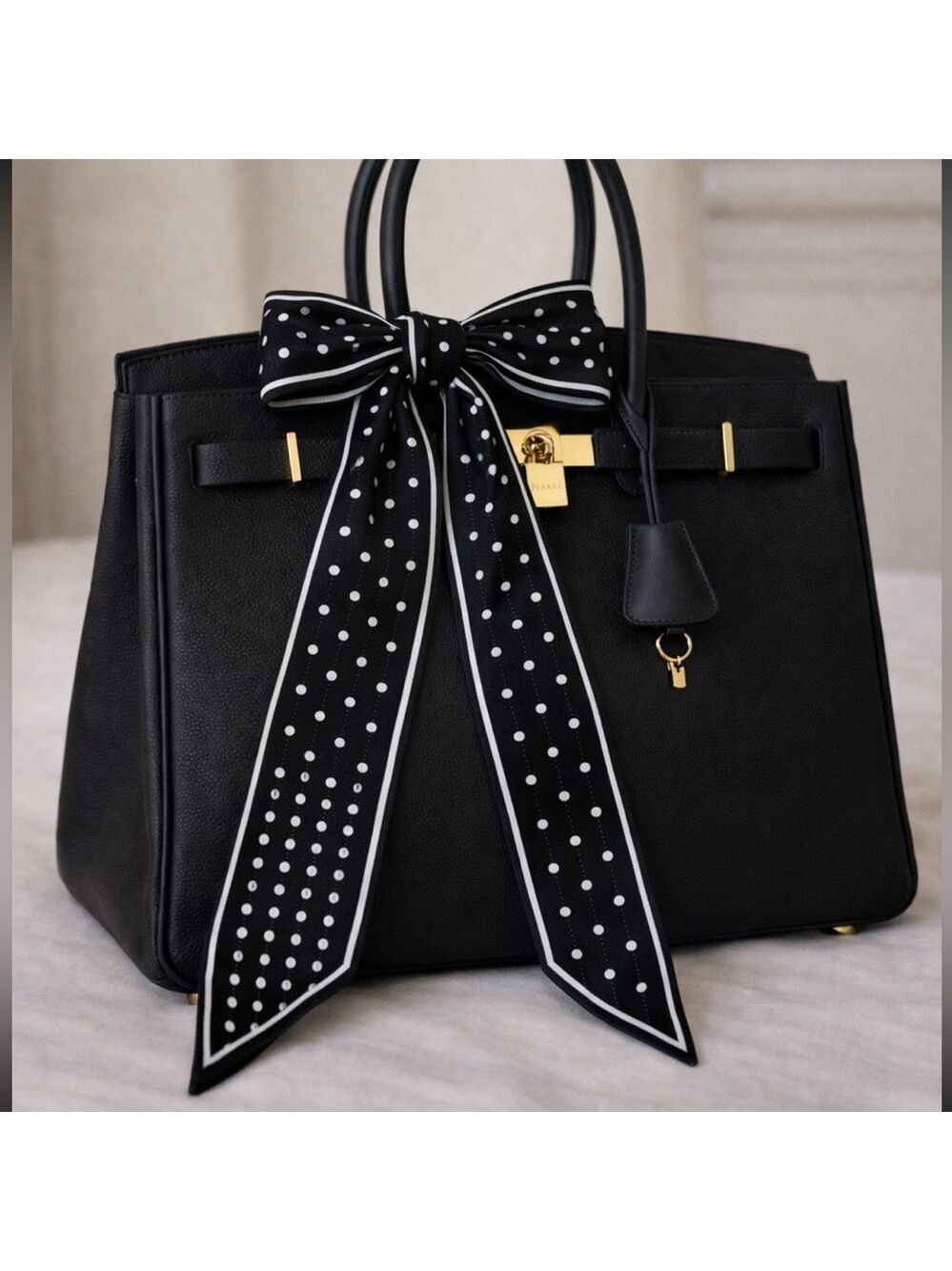 BLACK SILVER POLKA DOT SKINNY SCARF BANDEAU BOW BAG HANDLE WRAP